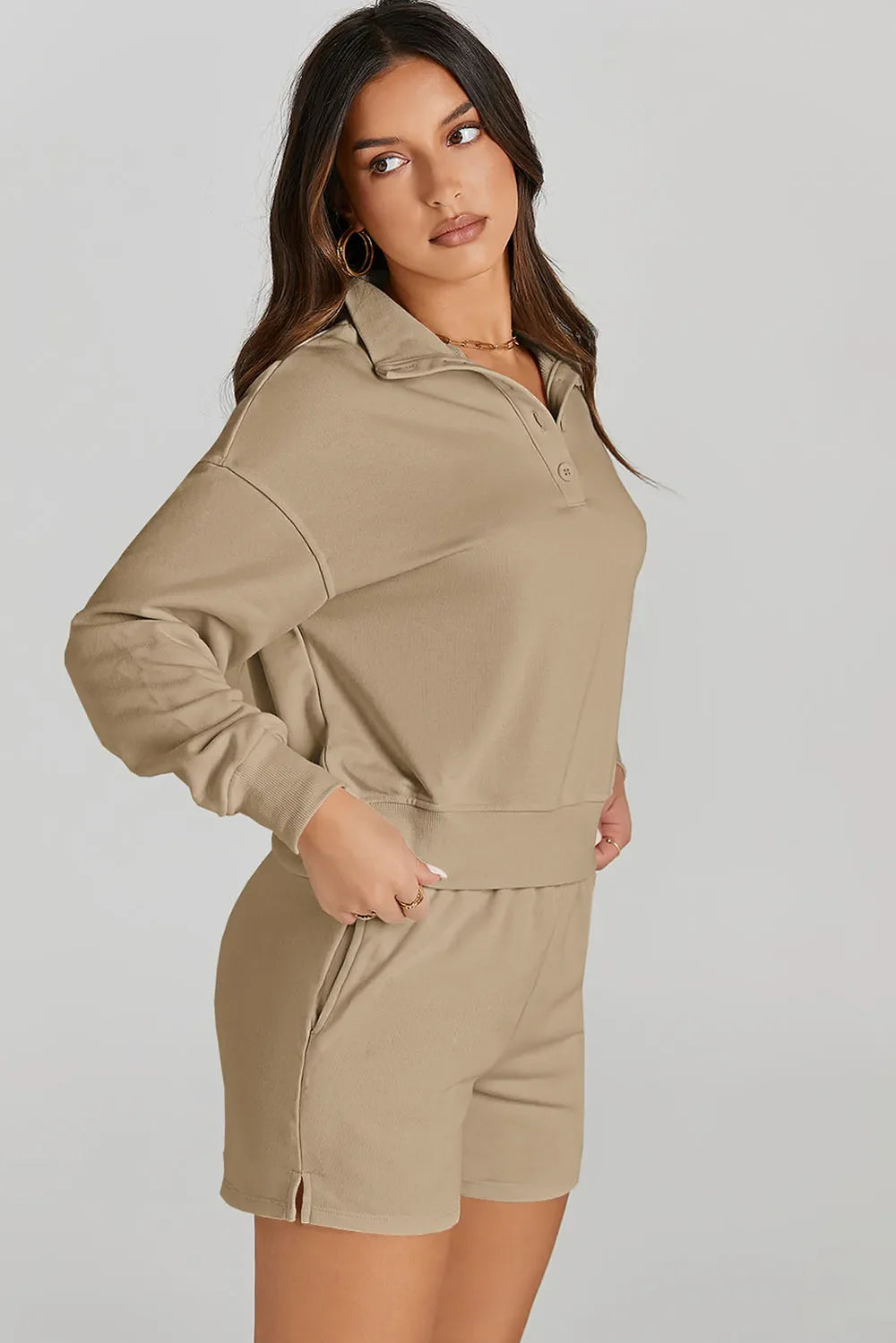 Sweatshirt and Shorts Set – Half Button, Sporty Fit