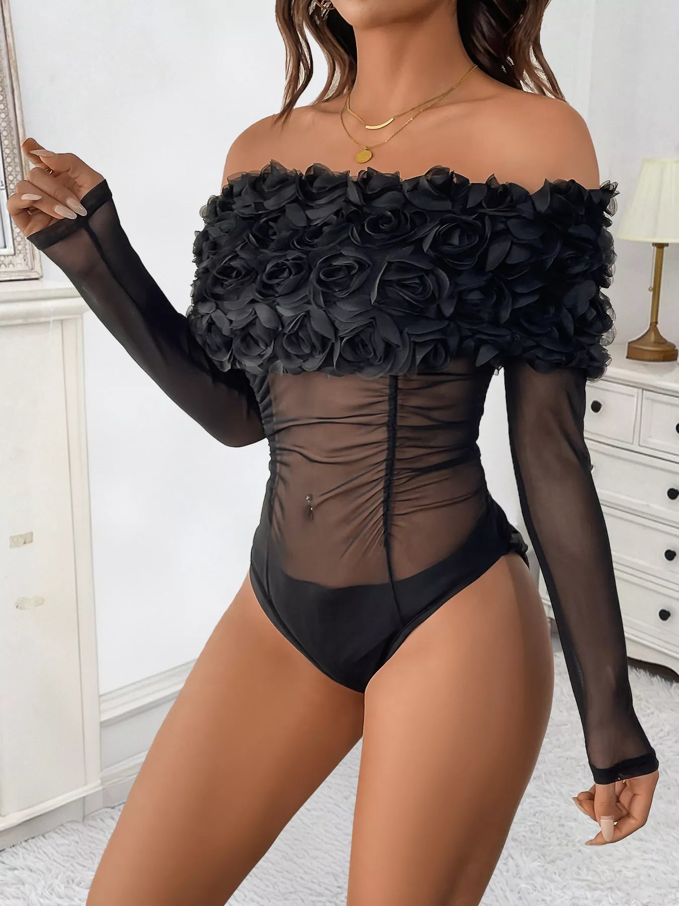 Black Floral Mesh Off-Shoulder Bodysuit for Women – Sheer Sexy Club & Party Top