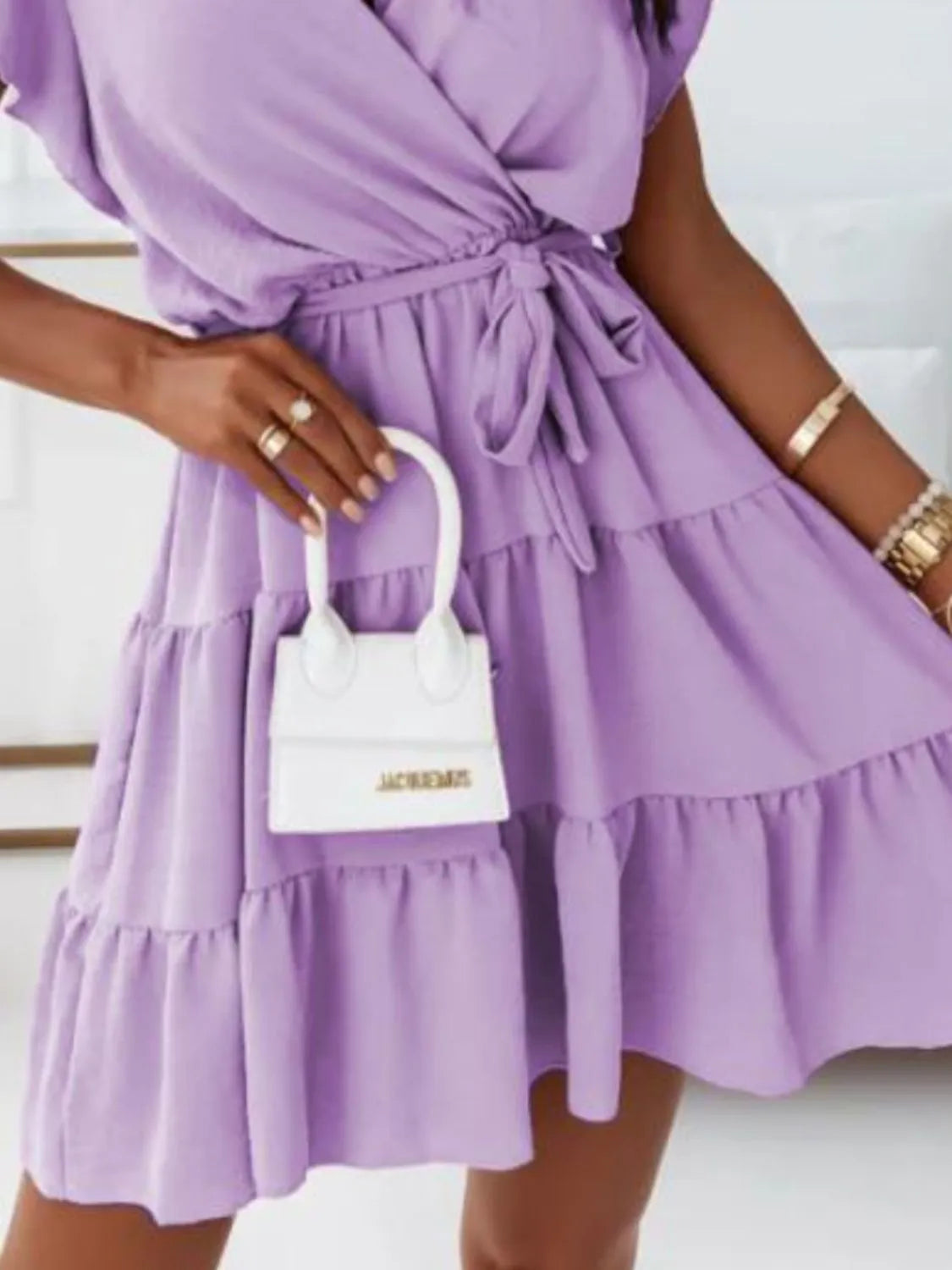 Ruffled Surplice Cap Sleeve Mini Dress