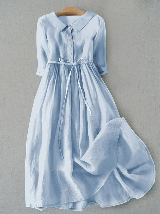 Lux - Elegant Short Sleeve Dress with Waist Ties Blue