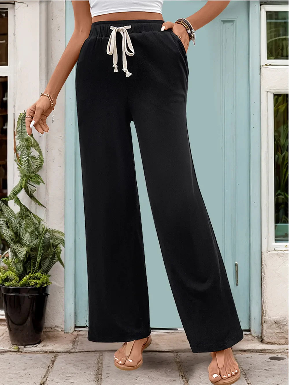 Essential Black Drawstring Straight Pants