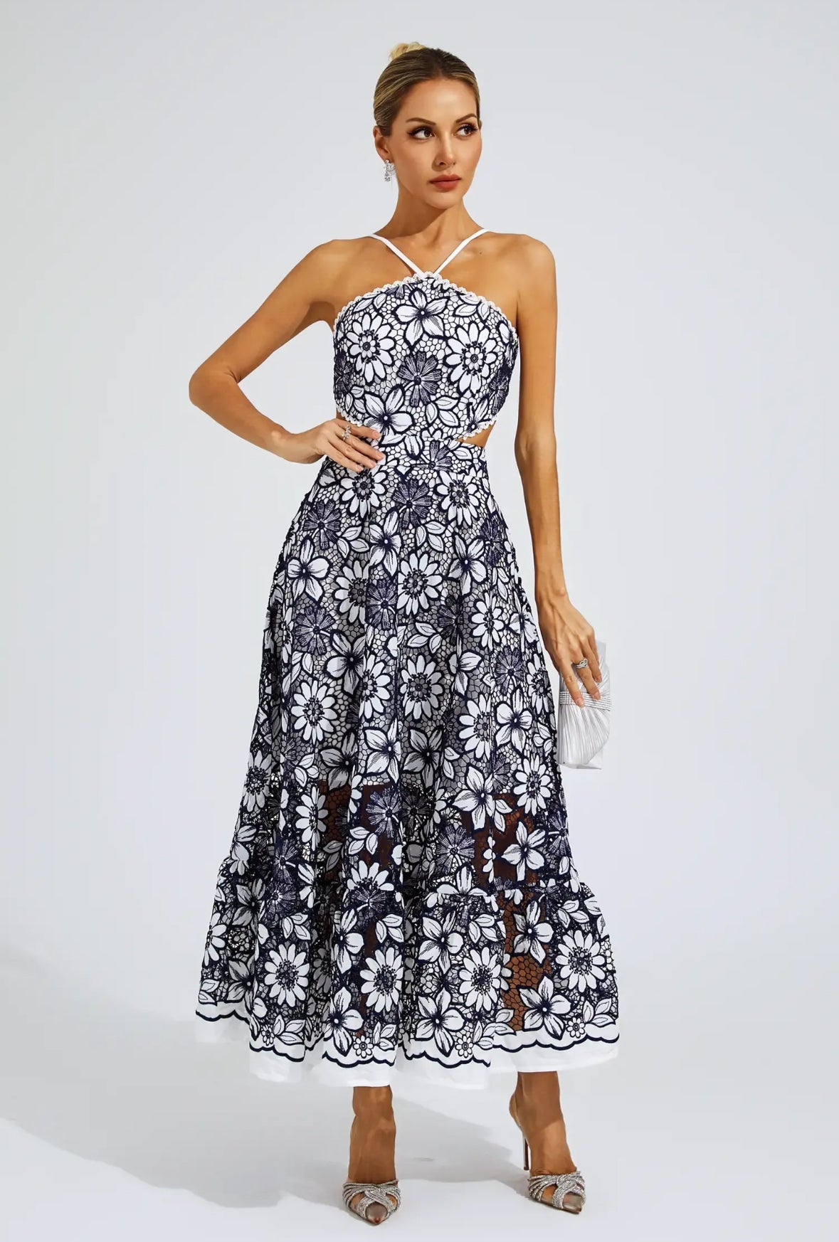 Fiora Embroidered Lace Midi Dress Black