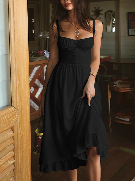 Ruffle Hem Cami Plain Midi Dress Black