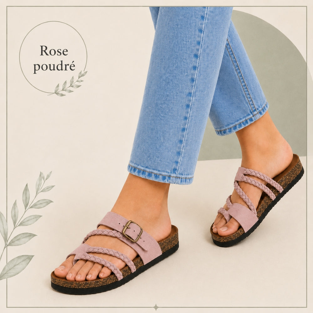 Tressée | Orthopedic Woven Leather Mules Cork Sole Comfortable Summer Rose Poudré