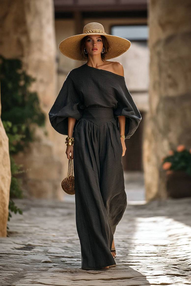 Off-shoulder Shirt And Wide-leg Pants Set Black