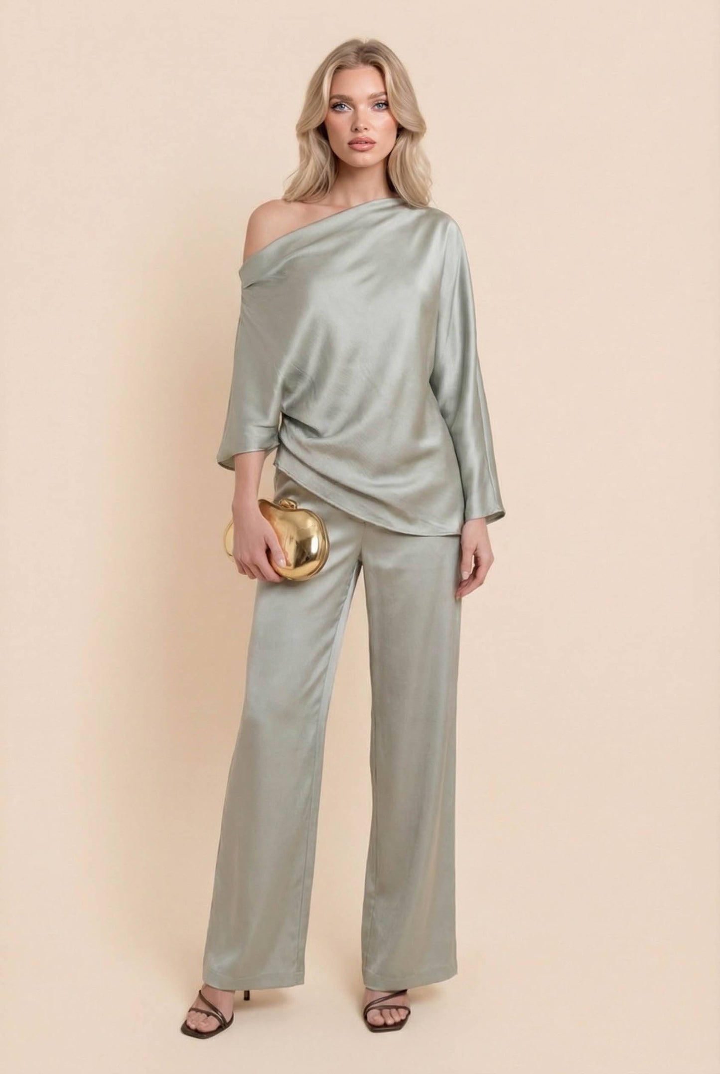 Off-Shoulder Asymmetric Shirt And Wide Leg Pants Set Light Green