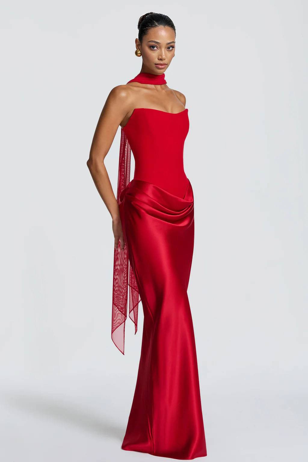 Pleated Design Scarf Maxi Dress Red