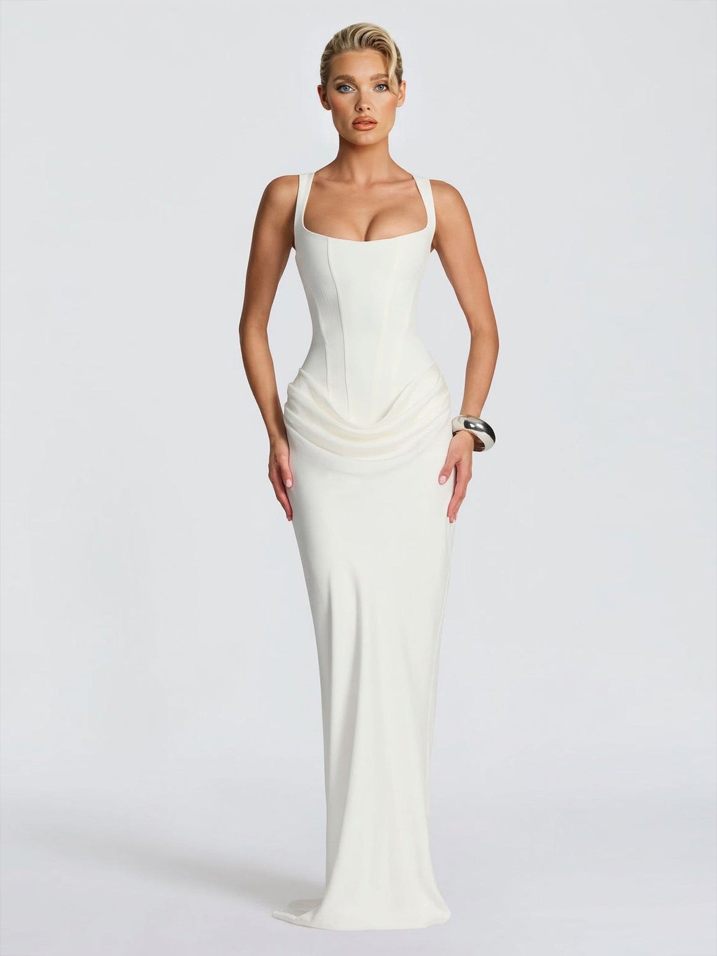Elegant Square Neck Cinched Top & Ruched Waist Draped Maxi Dress White