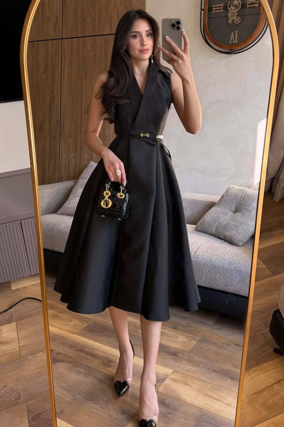 V-Neck High-waisted A- Line Midi Dress Black