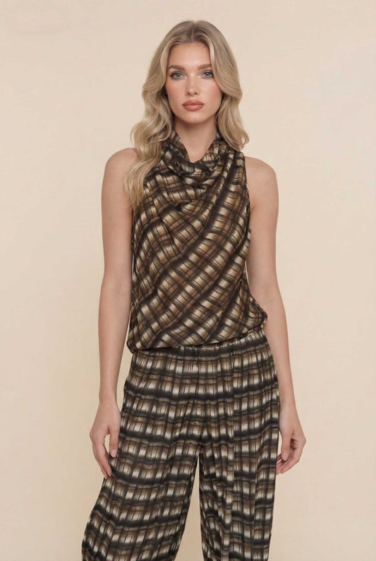 Plaid Cowl-Neck Top And Pants Set