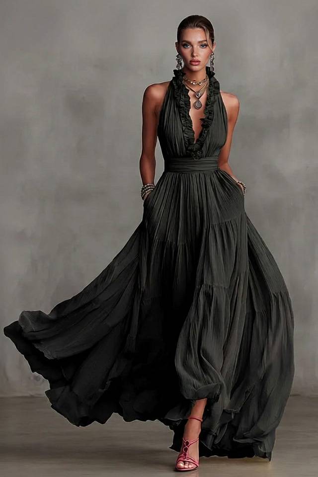 Lace V-Neck Maxi Dress Black