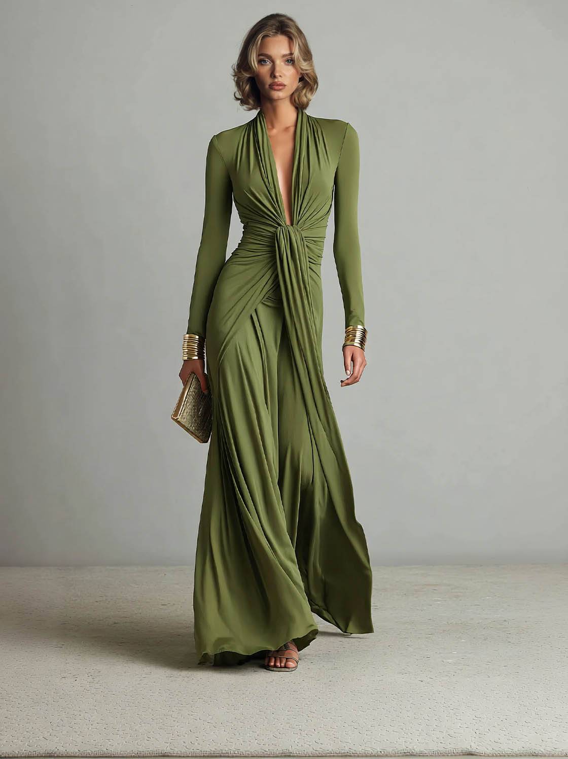 V-Neck Pleated Long Sleeve Dress Green