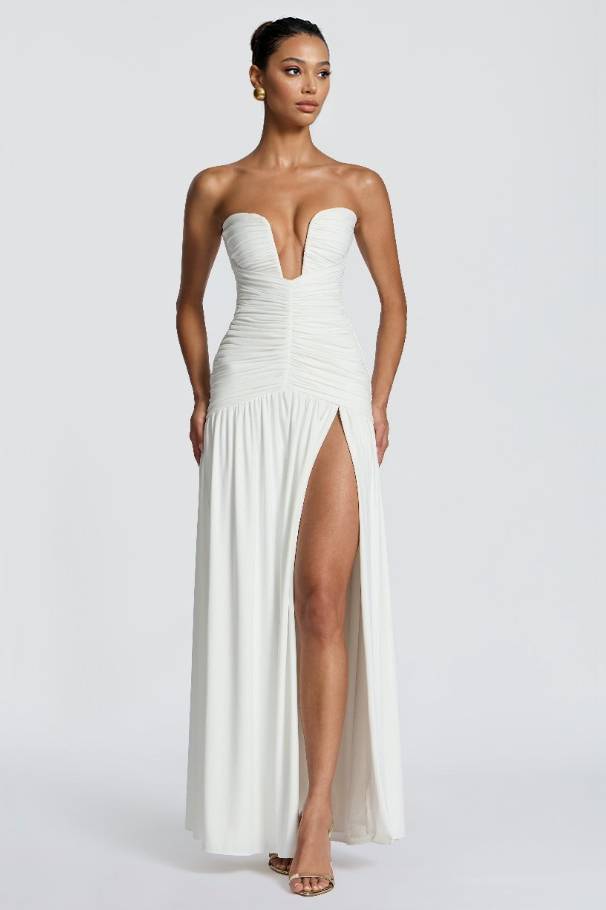 V-Neck Pleated Slit Maxi Dress White