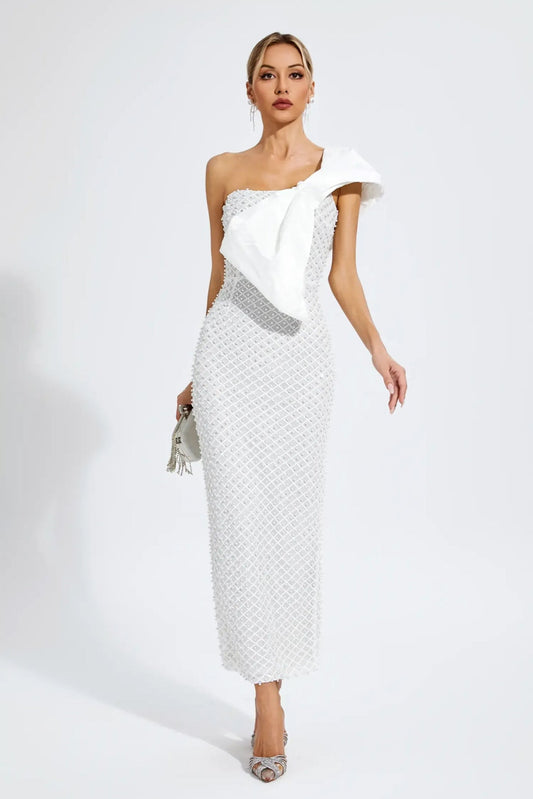 Pearls one shoulder maxi dress
