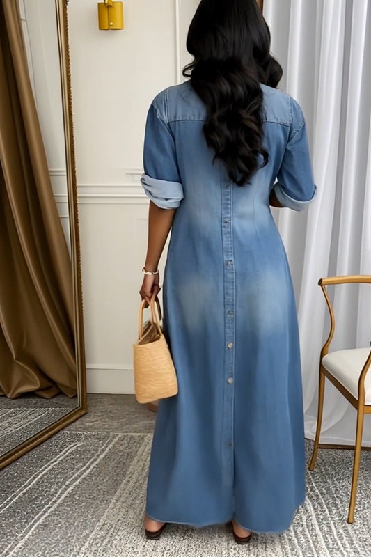 Ladies' Lapel Wash Water Splicing Pocket Casual Denim Dress