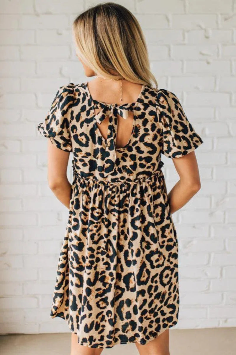 Leopard Tie Back Puff Sleeve Dress