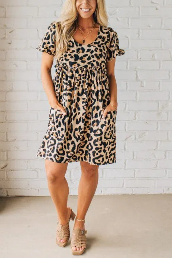 Leopard Tie Back Puff Sleeve Dress