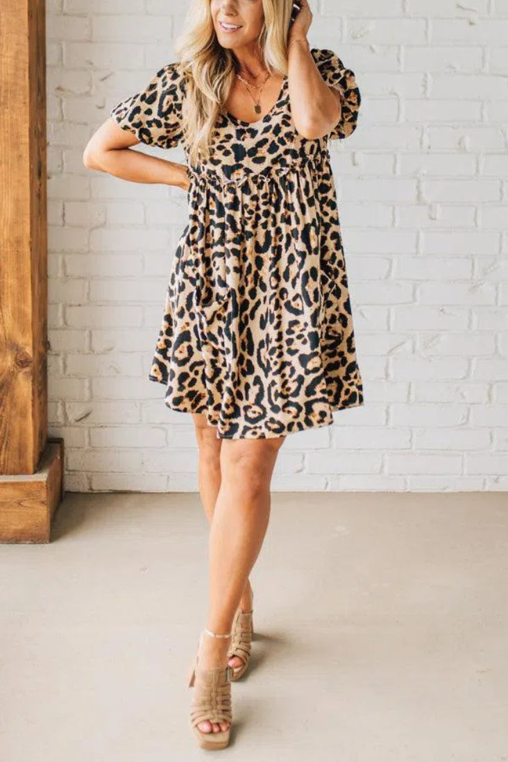 Leopard Tie Back Puff Sleeve Dress