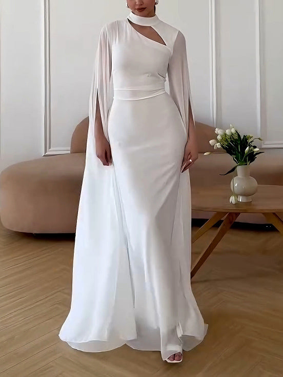 Elegant Small Stand Collar Chiffon Sleeves Maxi Dress White