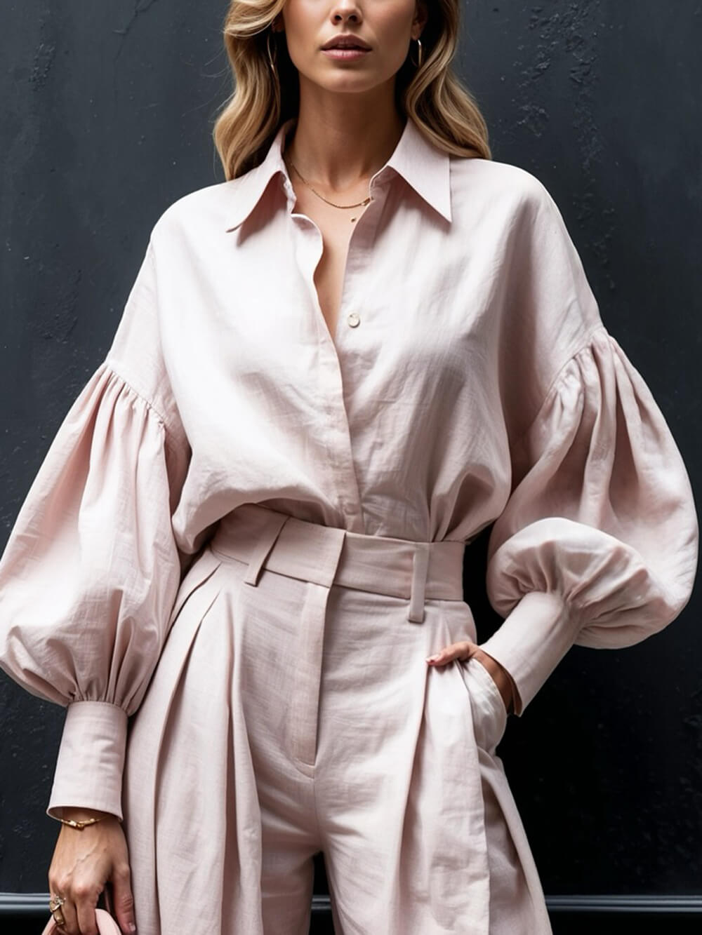Fashionable Casual Solid Color Lantern Sleeve Loose Button-Down Oversized Shirt Pink