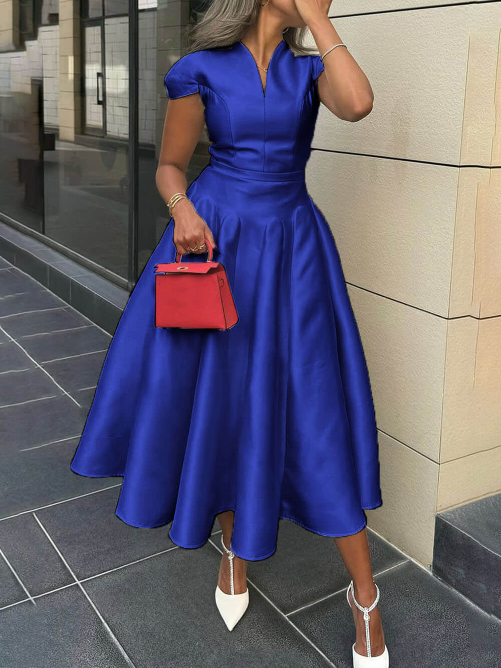 Elegant Pleated V-Neck Waisted A-Line Midi Dress Blue