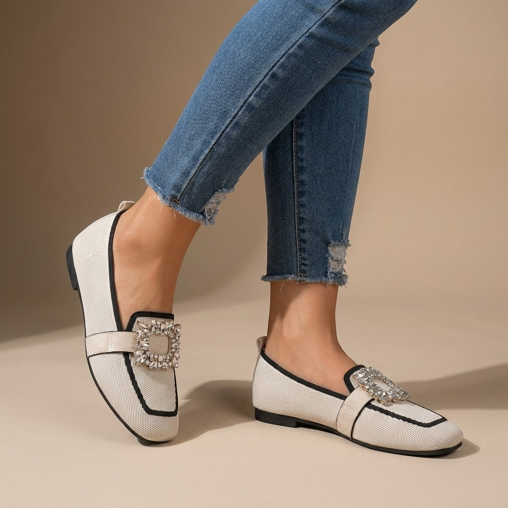 Loraine — Elegant Jewel Detail Slip-On Loafers With Stylish Square Toe Design Beige