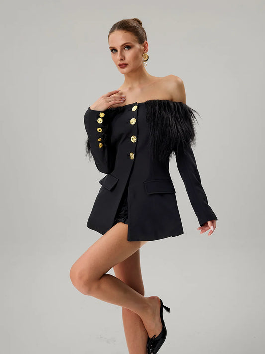 Noir Plume Off-Shoulder Blazer Dress