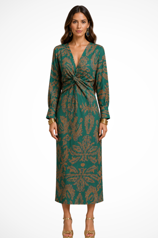 Valeriana — Elegant Printed Midi Dress With Flattering V-Neck Long Sleeve Design Green