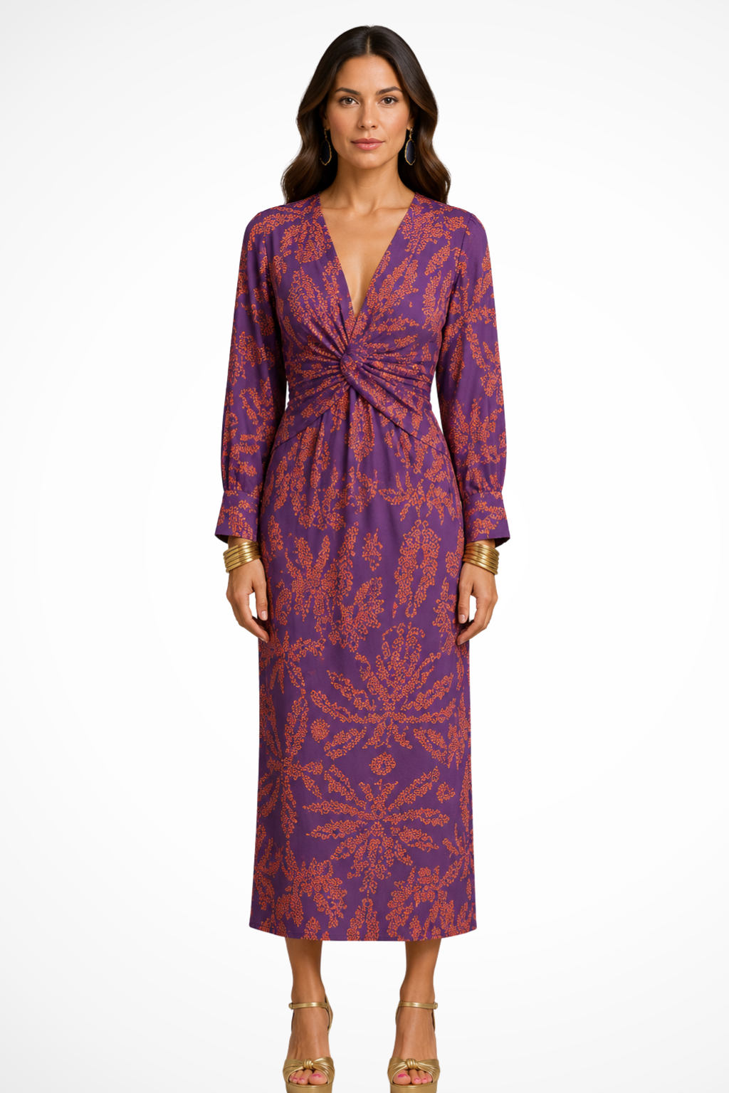 Valeriana — Elegant Printed Midi Dress With Flattering V-Neck Long Sleeve Design Purple