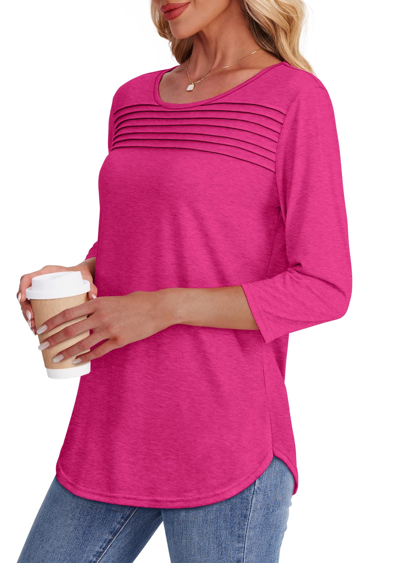 ⏰Hot Sale-Women's 3/4 Length Sleeve Top Pleated Front T-Shirt(Buy 3 Free Shipping)