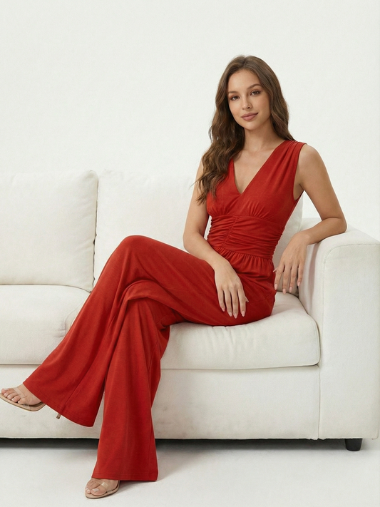 Amy | Stretchy Ruched V-Neck Wide-Leg Jumpsuit