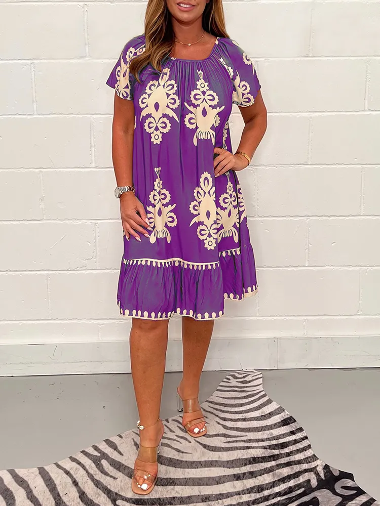 Geometric Pattern Multi Print Square Neck Dress