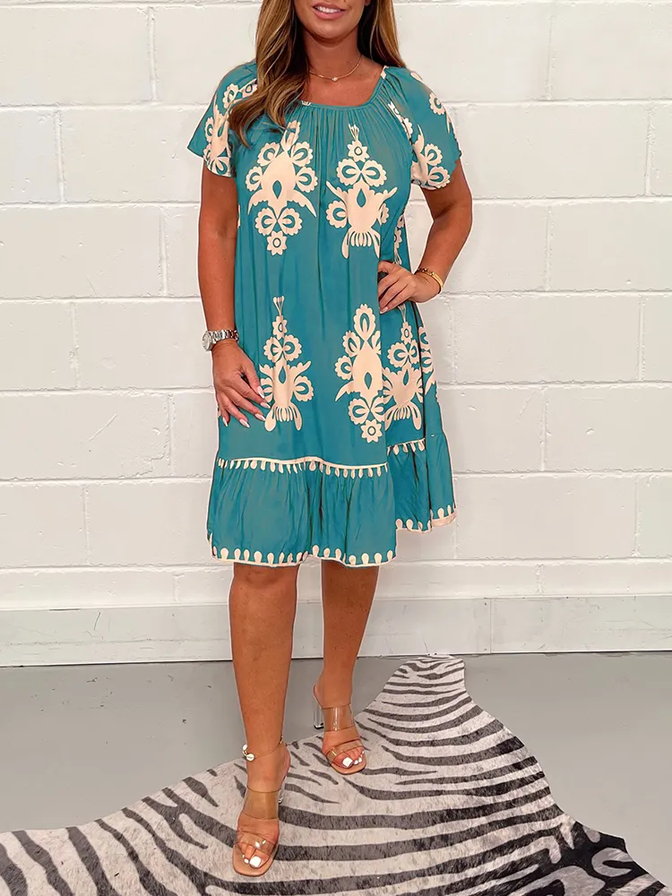 Geometric Pattern Multi Print Square Neck Dress