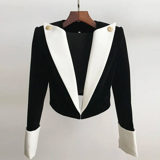 Saashi Lion Button Blazer - Newest Stylish Designer Jacket, Color Block Patchwork Velvet