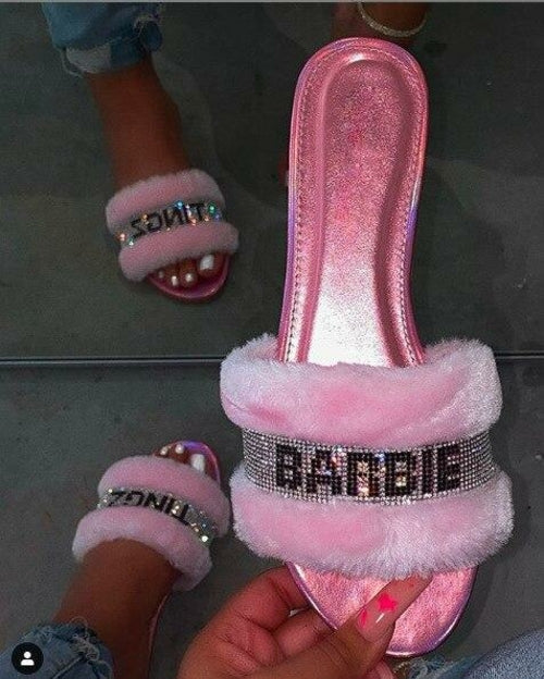 Pink Faux Fur Slides pink