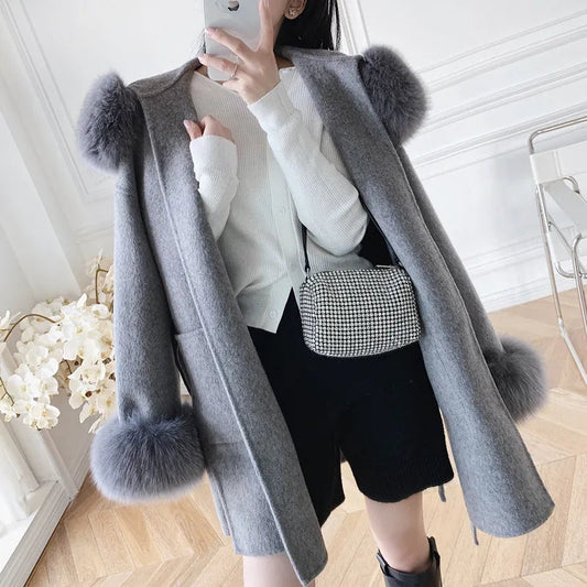 Saashi High-Quality Cashmere Woolen Coat - Natural Fox Fur Outerwear