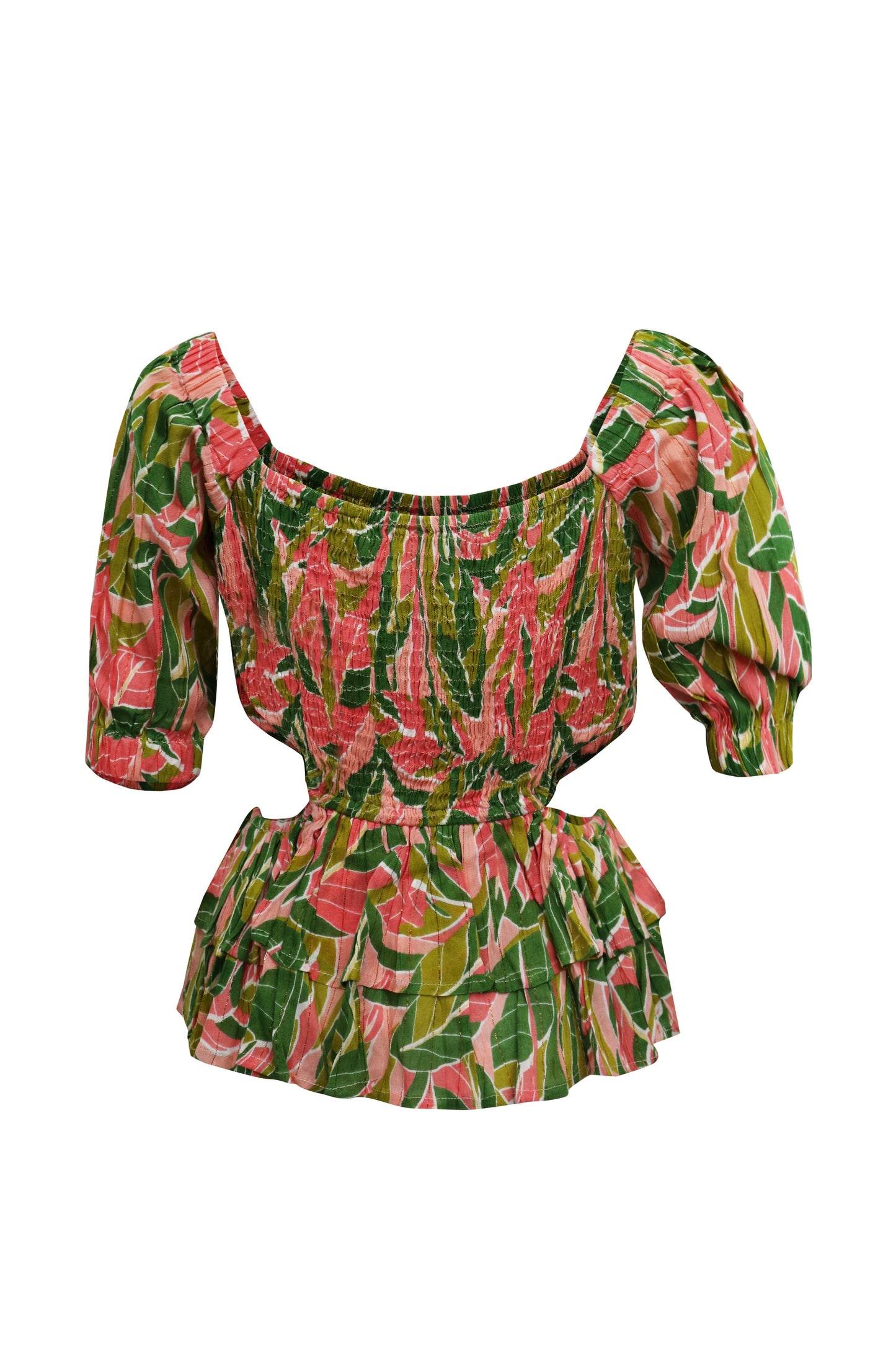 Ladies Green Peach Palm Printed Smocked Off the Shoulder Cap Sleeve Ruffle Top with Open Detail at Sides