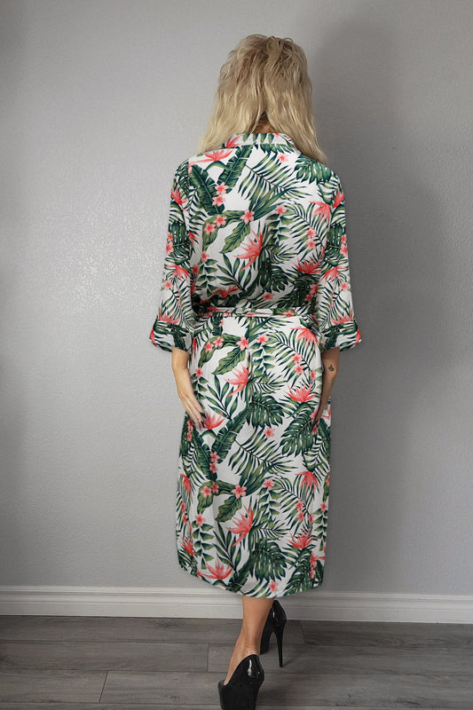 Ladies Sexy Cream Palm Floral Printed Long Robe / Cover up