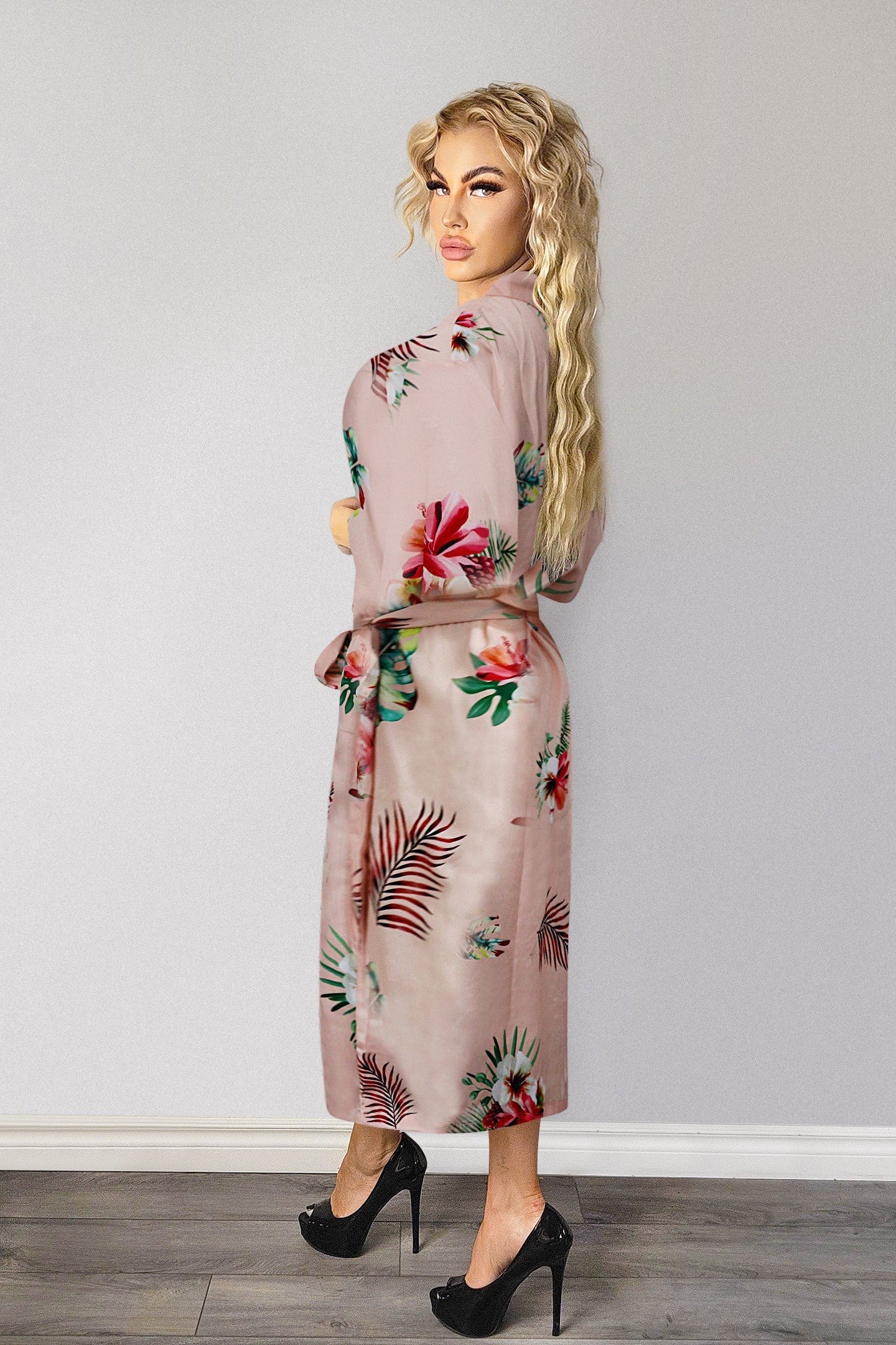 Ladies Sexy Peach Floral Printed Long Robe / Cover up