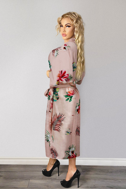 Ladies Sexy Peach Floral Printed Long Robe / Cover up