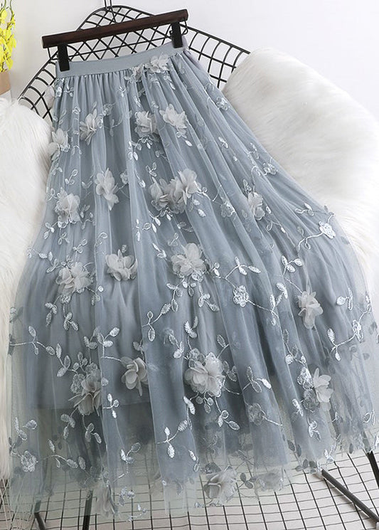 Natural Pink Embroideried Floral tulle Skirts Spring Grey