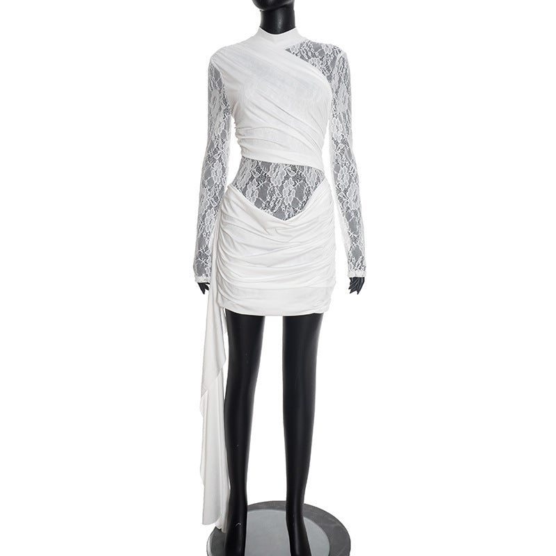 Long Sleeve Lace Combo Short Date Night Club Dress In Black or White White