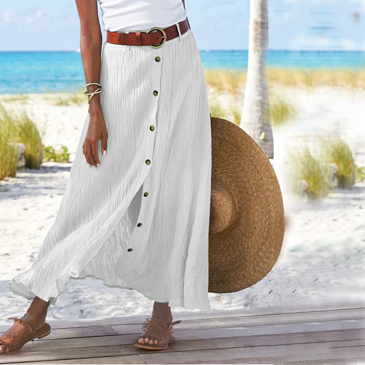 Button-Front Maxi Skirt - Women's Summer Holiday Essential