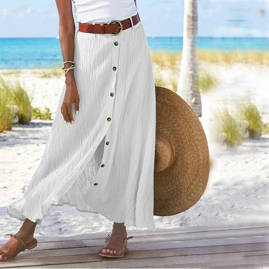Button-Front Maxi Skirt - Women's Summer Holiday Essential White