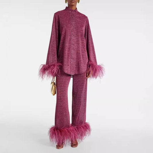 Lya - Feather Collar Two-Piece Set Burgundy
