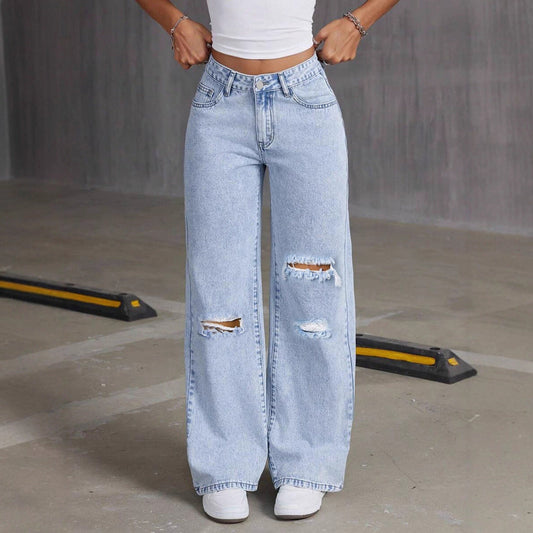Wide Leg High Waist Cuffed Denim Jeans Light Blue
