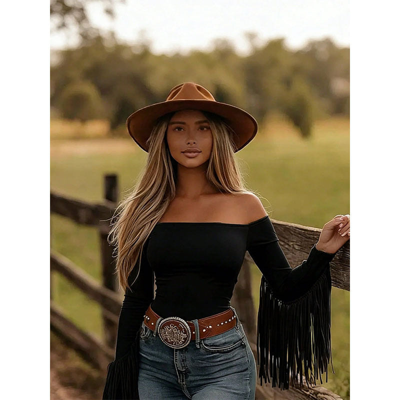 Long Sleeve Off The Shoulder Top W/ Fringe at Sleeve Festival Vibes