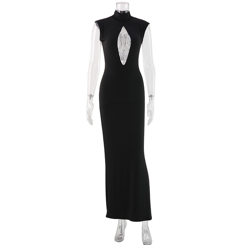 Sexy Black Mock Neck S/S Long Fitted Dress with Open Back Lace Detail Keyhole Detail Black