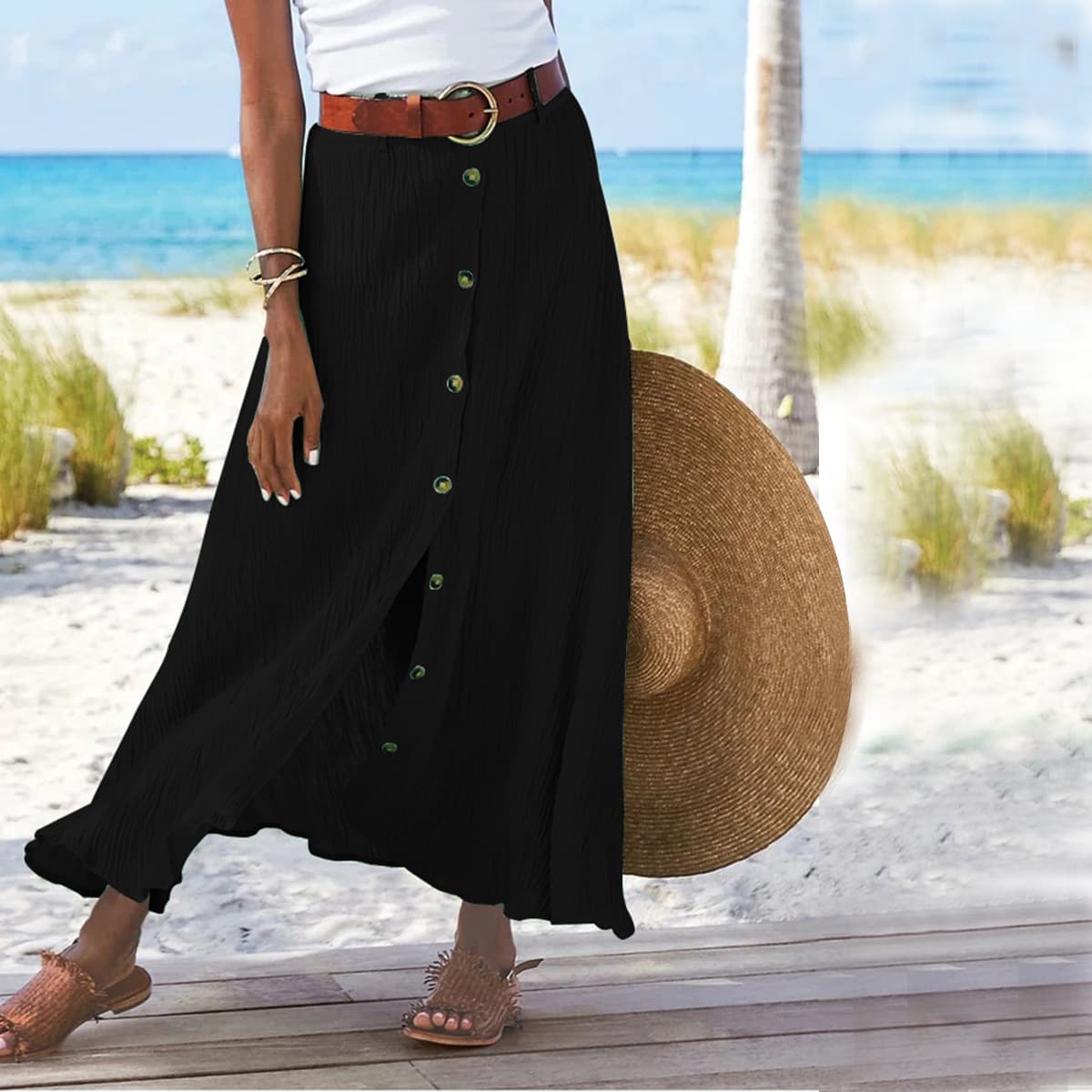 Button-Front Maxi Skirt - Women's Summer Holiday Essential
