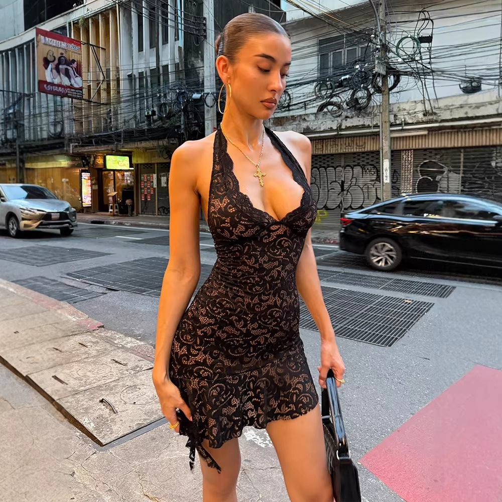 Sexy Black/Nude Lace Cut Halter Mini Deep Halter Dress w/ Side Ruffle